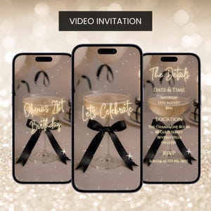 Champagne Birthday Party Video Invitation, Black Bow Theme: Editable E-invite Canva Template