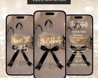 Champagne Birthday Party Video Invitation, Black Bow Theme: Editable E-invite Canva Template