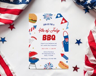 4th of July BBQ Invitation, Independence Day Barbeque Invite, Fourth of July BBQ & Fireworks Party, Printable Canva Template