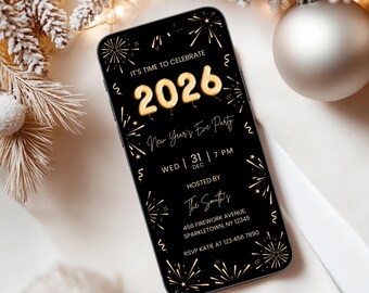 New Year's Eve Party E-invite, 2026 NYE Celebration Invitation, Black & Gold New Year Invite, Digital Invite Template, Instant Download