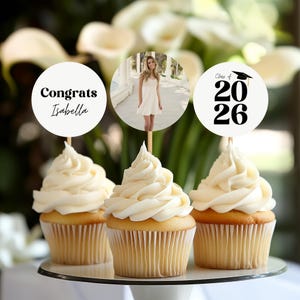 Afstuderen cupcake toppers, set van 3 ontwerpen, klasse van 2026, gepersonaliseerde foto cupcake toppers, afdrukbare canvas sjabloon, Instant Download