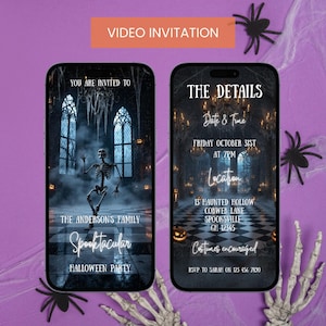May include: Two smartphones displaying a Halloween party invitation. The left phone shows a skeleton in a spooky setting, while the right phone details the party's date, time, and location. The invitation is titled "Spooktacular".