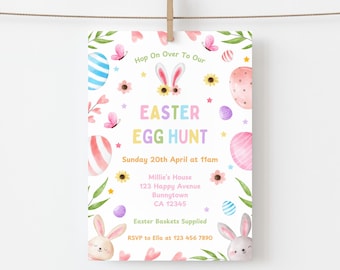 Easter Egg Hunt Invitation, Cute Bunny Easter Party Invite, Hop On Over, Printable Canva Template, Instant Download