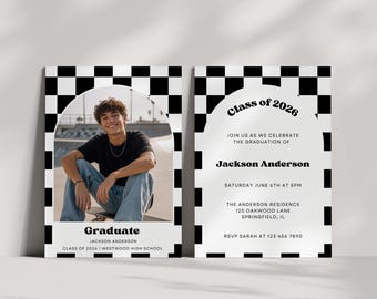 Black & White Checkerboard Graduation Announcement Party Invitation, Grad Photo Card: Editable Canva Template
