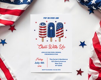 4th of July Party Invitation, Pop On Over & Chill With Us, Patriotic Summer Party Invite, Fourth of July Popsicles, Printable Canva Template