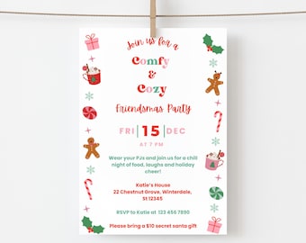 Invitación para fiesta navideña acogedora y cómoda, invitación para fiesta de pijamas navideña con amigos, plantilla imprimible para fiesta navideña, descarga instantánea