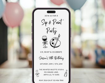 Sip & Paint Birthday Party E-invite, Wine and Paint Invitation, Digital Invite Canva Template, Instant Download