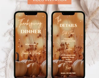 Pumpkin Thanksgiving Dinner Video Phone Invitation: Editable E-invite Canva Template