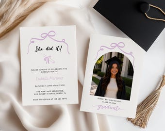 Purple Bow Graduation Announcement & Party Invitation, Grad Photo Card, Printable Canva Template, Instant Download