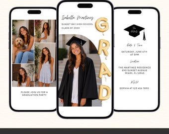 Graduation Announcement & Party Video Invitation, Grad Photo Collage Invite: Editable E-invite Canva Template
