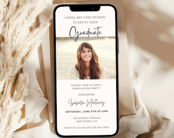Graduation Party Phone Invitation, Class of 2026, Grad Celebration Minimalistic Photo Invite: Editable E-invite Canva Template