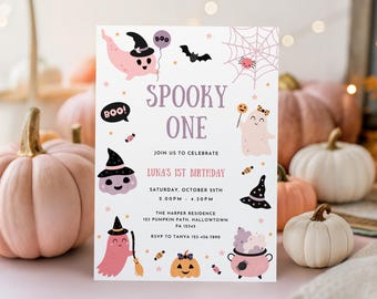 Spooky One 1st Birthday Party Invitation, Halloween First Birthday Invite, Girl 1st Birthday, Printable Canva Template, Instant Download