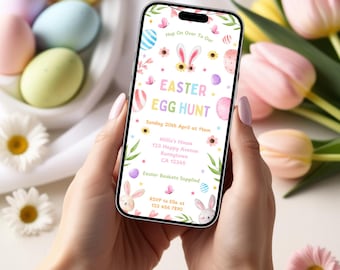 Easter Egg Hunt E-invite, Cute Bunny Easter Party Invite, Hop on Over, Digital Invite Canva Template, Instant Download