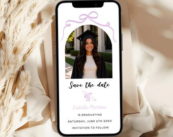 Purple Bow Graduation Save the Date, Graduate Announcement E-invite, Digital Invite Canva Template, Instant Download
