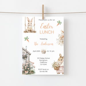 May include: An Easter lunch invitation with a bunny rabbit on a swing, a bunny rabbit holding a basket of flowers, and a small wooden house with flowers. The invitation is for April 20th at 12 pm and is hosted by The Andersons. The address is 123 Happy Avenue, Bunnytown, California, CA 12345. RSVP to Sarah at 123 456 789.