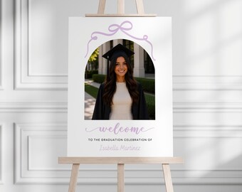 Purple Bow Graduation Photo Welcome Sign, Class of 2026, Graduation Party Sign, Printable Canva Template, Instant Download
