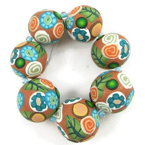 Handmade Beads Polymer Clay Set of 7 Round Graduated Sizes Terra Cotta Aqua Boho Gypsy Focal Beads Jewelry Supplies Beading Supplies