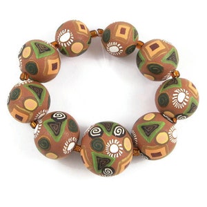 Handmade Polymer Clay Beads Set of 9 Graduated Sizes Round DIY Jewelry Making Beading Supplies Focal Beads Brown Boho Geometric Patterns