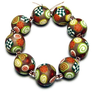 Handmade Beads Polymer Clay Set of Nine Round Tan Metallic Canework Inlays 1/2" 12 mm Jewelry Supplies