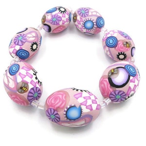 Handmade Beads Polymer Clay Set of 7 Oval Graduated Sizes Pink Roses Petal Flowers Checks Leaves Bees Boho Focal Beads DIY Jewelry Making