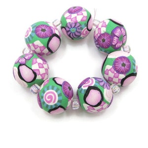 Handmade Focal Beads Set of Seven Polymer Clay Round Apple Green Base Flowers Checks Bead Supplies DIY Jewelry Making 1/2" 1.3 cm