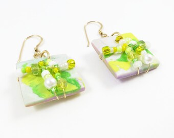 Dangle Earrings Wire Wrapped Polymer Clay Art Jewelry Handmade Pierced Swarovski Crystals Czech Glass Seed Beads  Pearls