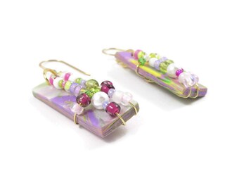 Dangle Earrings Wire Wrapped Polymer Clay Art Jewelry Handmade Pierced Czech Glass Seed Beads Goldplated Wires Pearls Boho Contemporary