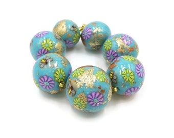 Handmade Beads Polymer Clay Set of 7 Round Graduated Sizes Gold Leaf Copper Leaf Beads Boho Gypsy Focal Beads DIY Jewelry Making