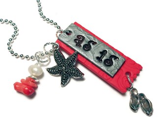 75% OFF Inspirational Tag Necklace Pendant Handmade Polymer Clay Tag Mica Shift Art Jewelry Beach Theme Coral Pearl Starfish Flip-flops