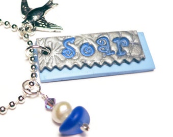 Soar Inspirational Tag Necklace Pendant Handmade Polymer Clay Tag Mica Shift Art Jewelry Bird Charm Blue