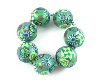 Handmade Polymer Clay Focal Beads Set of Seven Round Aqua Focal Beads Green Microglitter Jewelry Supplies 5/8" 16 mm