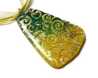 Resin Pendant Necklace Embossed Polymer Clay Art Pendant Jewelry Gold Leaf Fine Glitter Yellow Ribbon Cotton Cord