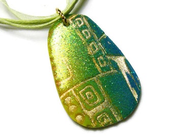 Resin Pendant Necklace Embossed Polymer Clay Art Pendant Jewelry Gold Leaf Glitter Lime Green Ribbon Cotton Cord