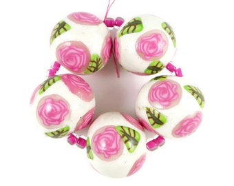 Handmade Beads Polymer Clay 5 Pink Rose and Leaf Beads White Pearl Clay Multicolor Microglitter Bead Supplies 15 mm