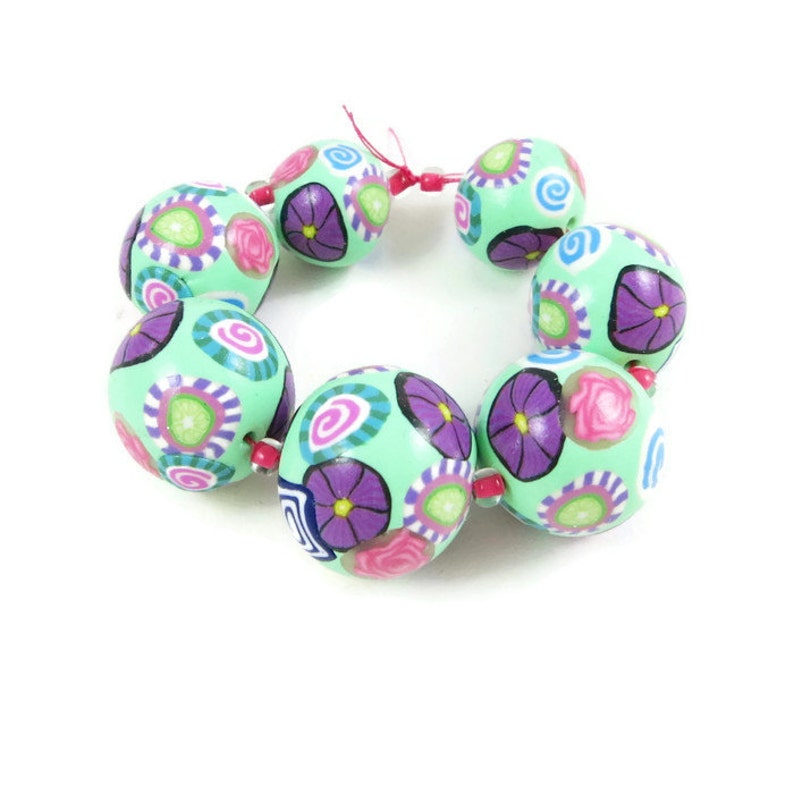 Handmade Beads Polymer Clay Set of 7 Round Graduated Sizes Mint Green Flowers Spirals Boho Gypsy Statement Jewelry Supplies Beading Supplies