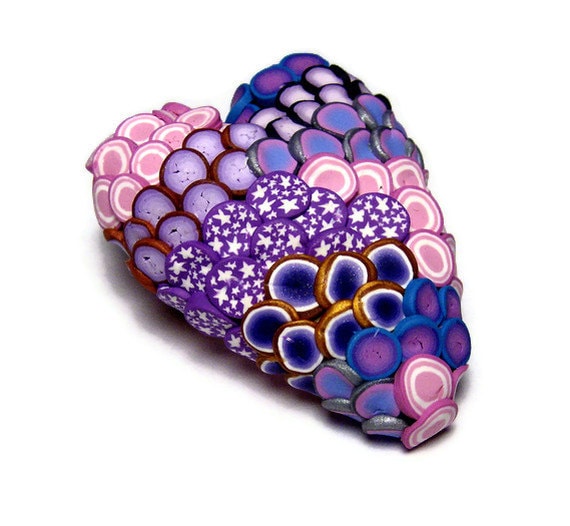 Textured Canework Heart Polymer Clay Pin Handmade Brooch Art Jewelry Spirals Stars Red Pink Purple Love Valentine/'s Day
