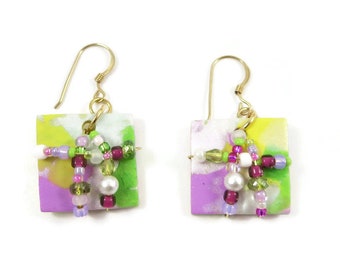 Polymer Clay Chunky Earrings Wire Wrapped Polymer Clay Art Jewelry Handmade Geometric Czech Glass Seed Beads Goldplated Wires Pearls