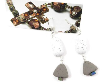 Geometric Polymer Clay Earrings Handmade Pierced Earrings Modern Earrings Beaded Dangles Silver Plated Minimalist Earrings