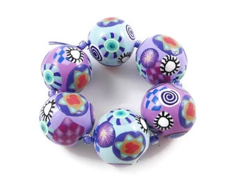 Handmade Star of David Jewish Theme Beads Polymer Clay Set of Six Round Lavender Blue Fuchsia Focal Beads Jewelry Supplies 5/8" 16 mm