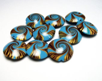 Polymer Clay Beads Lentil Beads Five Beads Turquoise Gold Brown Handmade Swirl Pattern 3/4" 18 mm Jewelry Making Bead Supplies