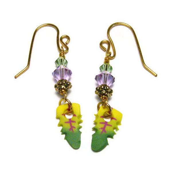 Pierced Earrings Handmade Polymer Clay Beads Canework Leaf Jewelry Swarovski Crystal Dangles Goldplated