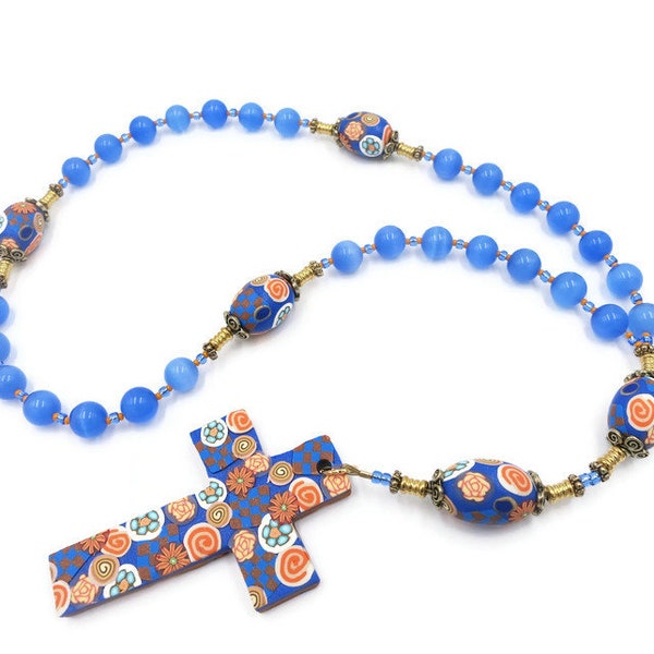 Anglican Prayer Beads Rosary Faceted Blue Cat's Eye Beads Handmade Polymer Clay Beads Cross Protestant Spirituality & Religion Gift for Him