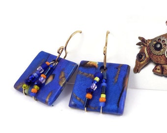 Dangle Earrings Wire Wrapped Polymer Clay Art Jewelry Handmade Pierced Czech Glass Seed Beads Goldplated Wires Blue