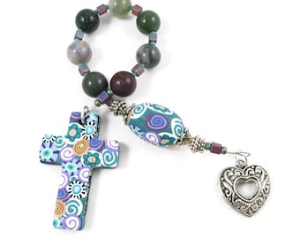 Fancy Jasper Anglican Rosary Protestant Unisex Prayer Beads Chaplet Handmade Polymer Clay Cross Focals Under 30 Dollars Antiqued Heart Charm