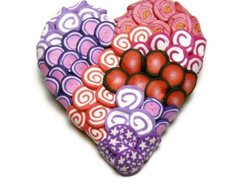 Textured Canework Heart Polymer Clay Pin Handmade Brooch Art Jewelry Spirals Stars Red Pink Purple Love Valentine's Day