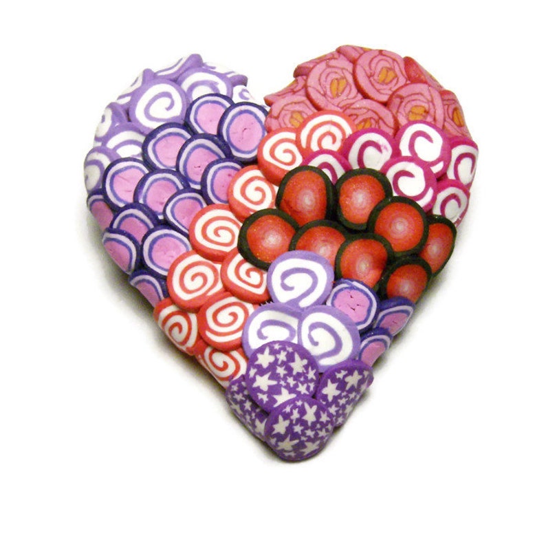 Textured Canework Heart Polymer Clay Pin Handmade Brooch Art Jewelry Spirals Stars Red Pink Purple Love Valentine/'s Day