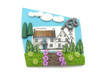 Little House Pin Polymer Clay Brooch Mixed Media Pin British Postage Stamp Handmade Floral Canework Gardening Gift for Her