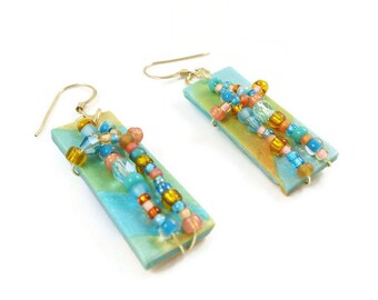 Dangle Earrings Wire Wrapped Polymer Clay Art Jewelry Handmade Pierced Czech Glass Seed Beads Goldplated Wires Aqua Orange