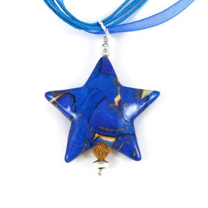 Blue Star Puffed Pendant Necklace Polymer Clay Art Jewelry Lead Crystal Reversible Pendant Silver Plated Ribbon Cotton Cord