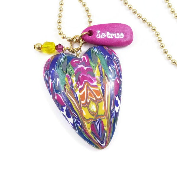 Heart Pendant Necklace Natasha Bead Rorschach Pattern  Handmade Polymer Clay Be True Charm Gift for Wife Swarovski Crystal Bicone Charm